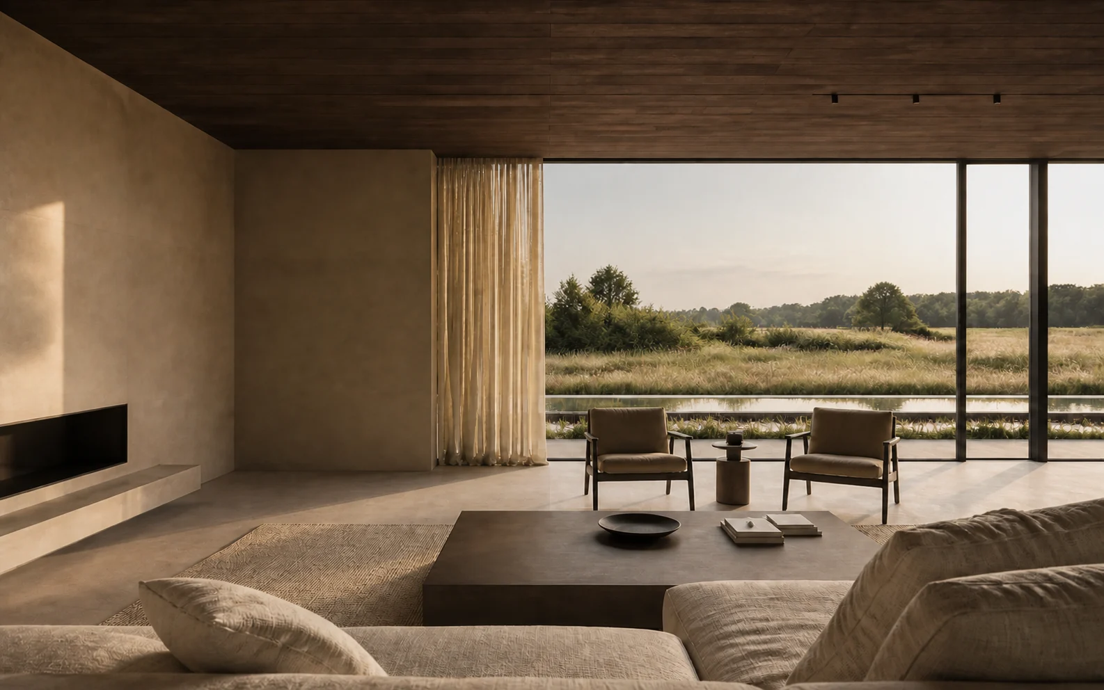 Séjour de Maison Sillon ouvert sur une prairie dans une lumière chaude.